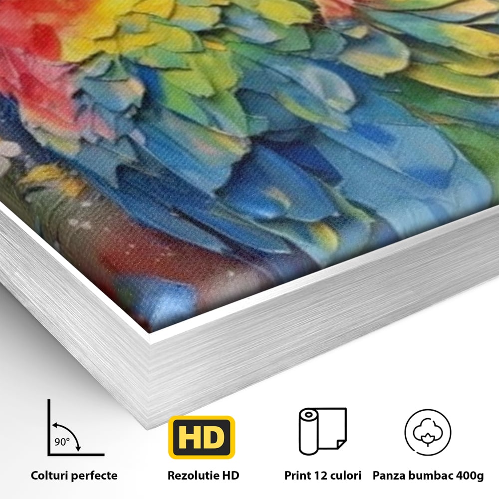 Detaliu al suprafetei: tablou canvas cu papagal colorat, in rama de aluminiu argintiu